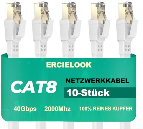 Ercielook Cat 8 Câble Ethernet 0,25m 10 Pièces – Câble Réseau 40Gbps 2000MHz Plat STP RJ45 LAN Câble Compatible avec Routeur Modem Switch