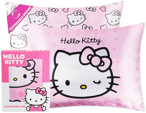 Hello Kitty Satin Pillowcase for Hair Skin Benefits for Girls Teens Women Kawaii 48 x 66cm Cooling Soft Zip Closure Bedroom Decor, Beauty Gifts for Her