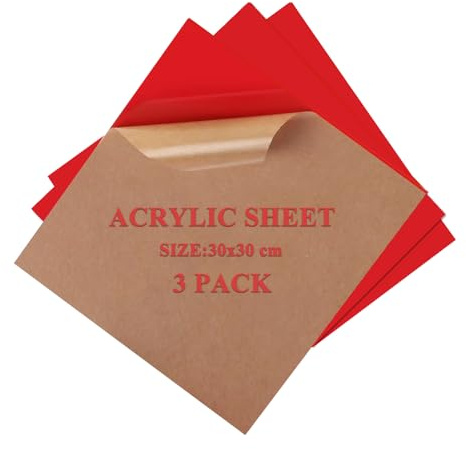 Uadme Acrylglas Platte Rot 3mm, 3 Stück Kunststoffplatte Farbig, 30cm x 30cm Bruchfestes Acrylplatte für Lasergravierte Schilder, Modellbau, Displays, Fotorahmen, Bastel- & DIY-Projekte