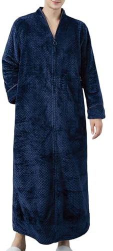Beokeuioe Bata de Flanela con Cremallera para Hombre Pijama Largo de Forro Polar Bata de Terciopelo para Invierno Ropa de Dormir Mantas y Edredones Camisón de Manga Larga Batas de Casa, marine, XL