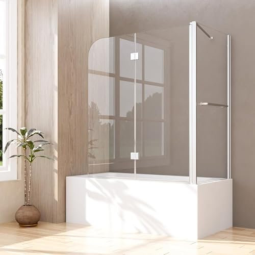 Duschwand für Badewanne 70x120x140cm 2-teilig Faltbar Duschtrennwand mit Seitenwand, Duschabtrennung Zweiteilige Badewannenaufsatz mit 6mm Nano EGS Sicherheitsglas, Seitenwand mit Handtuchhalter