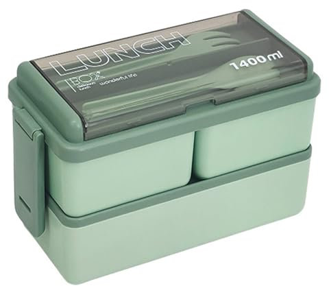 Makamsui Bento Box - Lonchera para adultos, 1400 ml, todo en uno, con compartimentos extraíbles, 2 capas apilables, a prueba de fugas, apta para microondas, color verde