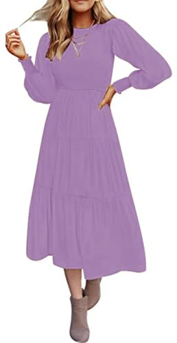 Robe d'automne décontractée à col rond et manches longues pour femme - Taille haute - Robe fluide à volants, lilas, XX-Large
