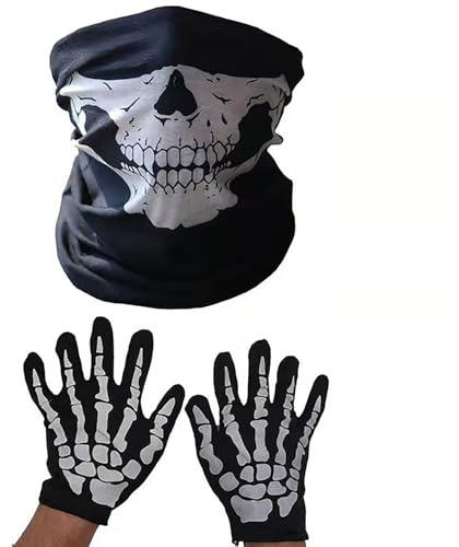 Dinghaole Totenkopf Maske,Skelett Handschuhe,2 Stück Totenkopf Maske Skelett Handschuhe，skeleton mask adult，Nahtlos Schädel Gesicht Schlauch Totenkopf Maske Schwarz,Halloween Kostüme Cosplay