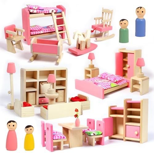33PCS Wooden Dollhouse Furniture Set,for Kid Girl Boy Boys and Girls Gift