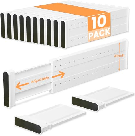 REBECAT 10 Pack Drawer Dividers for Clothes Adjustable Drawer Dividers 4 High Expandable from 15-21 for Dresser Baby Clothes Bathroom,Bedroom Kitchen and Office Storage，White