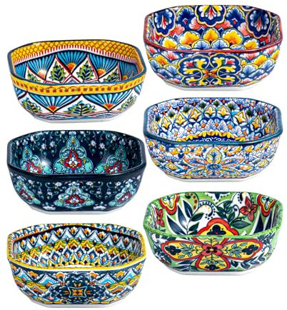 HENXFEN LEAD Square Dipping Bowls Porcelana, Platos Pequeños para Salsa, Especias, Frutas, Aperitivos y Postres. Colorido, paquete de 6 - Estilo bohemio