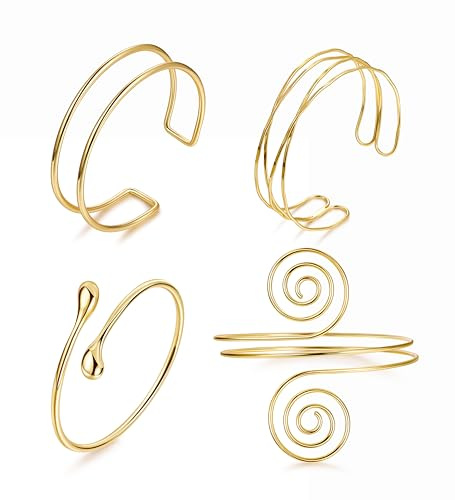 LOAYHOAY 4PCS Upper Arm Cuff Bracelets for Women Gold Silver Cuff Bangle Bracelet Adjustable Upper Arm Bands Armband Set Simple Open Armlet Gold A