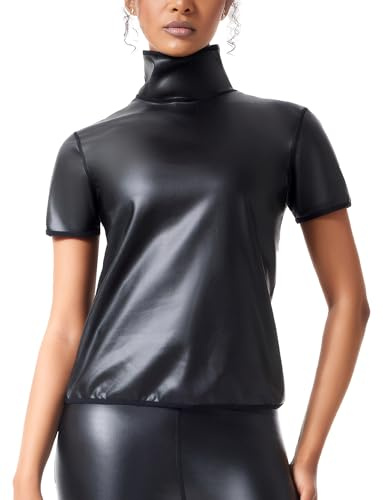 Ausing konstläder damer topp kortärmad t-shirt läder kortärmad latex damer skjorta kostym för rave outfit party klubb natt wetlook XS-3XL, Svart med halvkrage, M
