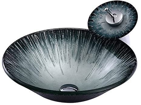 JYBNBBE Lavabo de baño, Lavabo de Vidrio Templado Redondo, Lavabo artístico Negro, lavabos de tocador con Grifo Cromado, instalación sobre encimera.