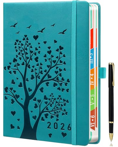 Agenda 2026 A5 página por día – Planificador diario y mensual con pestañas coloridas, 2 marcadores, lazo y soporte elástico para bolígrafo, bolsillo interior – Azul marino