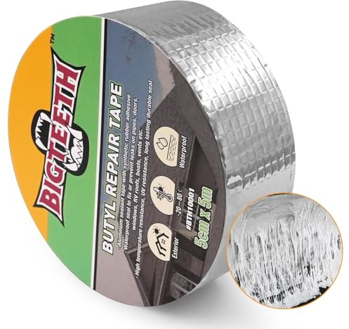 BIGTEETH 50mm x 5m Waterproof Butyl Tape | Heavy Duty Leak Repair Tape, Aluminium Foil Tape for RV, Window, Roof, Glass & EPDM Roof Leak Patching, Boat & Pipe Sealing