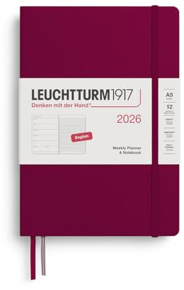 LEUCHTTURM1917 372653 veckokalender och anteckningsbok medium (A5) 2026, Port Red, engelska