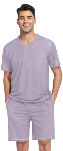 RPLIFE Conjunto de pijama para hombre, manga corta, cuello en V, 2 piezas, ropa de dormir con bolsillos, S-XXL, Violeta claro , XX-Large