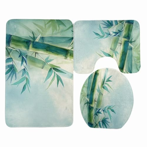 Tappeto Bagno Foglia Blu Bambù Tappeti Bagno Set 3 Pezzi Antiscivolo Contorno WC Tappetino Assorbente Doccia Lavabile Copertura per Il Coperchio del WC 45x75 cm