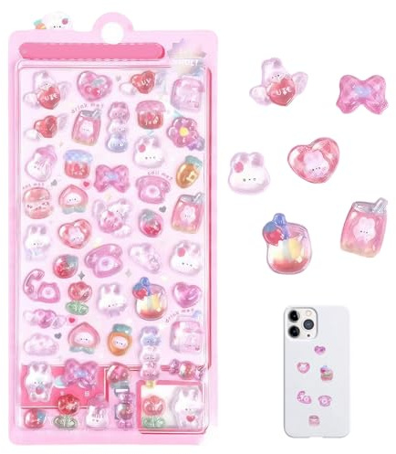 50 PCS Pink Puffy Stickers Party Bag Filler for Party Rewarding Gifts, Cute 3D Stickers, Kawaii Sticker for Scrapbooks Planners Journals Laptops, Adorable Cartoon Mini Sticker for Adult