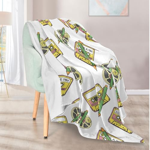 Exnundod Throw Blanket for Couch Yellow Cassette Tape Pencils Cozy Bed Blanket Warm Throw Blankets for Sofa Travel Camping 50x60 Inches