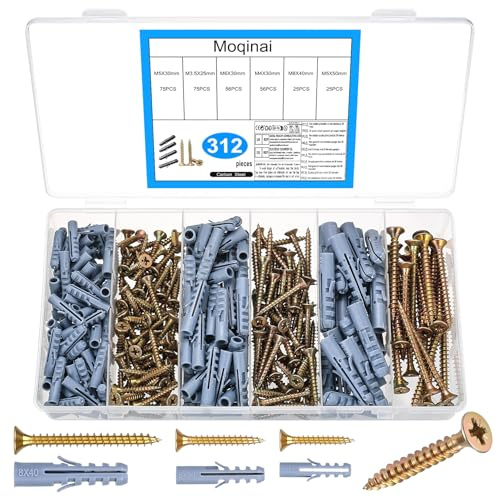 312 PCS Wall Plug and Screw Set, Drywall Anchor Screws Kit, Self Drilling Plasterboard Fixings, Wall Anchors and Screws for Concrete, Brick & Gypsum Board, Assorted Sizes with Storage Box