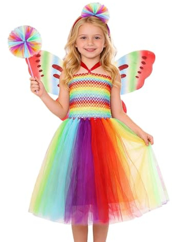 Kinder Karnevalskostüm Mädchen - Regenbogen-Feenkleid für Mädchen als funkelndes Tutu-Kostüm für festliche Bühnenauftritte magische Partys