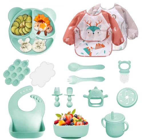 14 Pezzi Set Pappa Svezzamento, Svezzamento Set Silicone Piatto con Ventosa Piatto Ciotola Tazza Bavaglino Cucchiaio Forchetta, Set di Posate per Bambini per Lo Svezzamento e L'Alimentazione (Verde2)