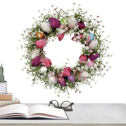 Osterkranz Mit Eiern, Frühlings-Tulpenblumenkranz, Dekorativer Ostereierkranz, Bunter Blumenanhänger, Osterdekoration Für Tür Hof Wand Fensterdeko Frühling Deko 45 cm