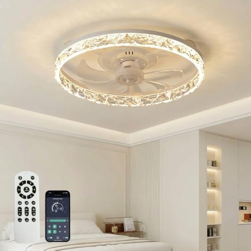 RHEAFON 50CM Ceiling Fans with Lights Low Profile Flush Mount Ceiling Fan | Ultra Quiet Remote & APP Control, Reversible DC Motor, Dimmable LED Night Mode, 6 Speeds Timer for Bedroom Living Room