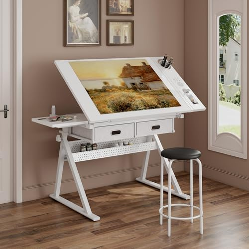 Zeichentisch Weiß mit 2 Schubladen & Hocker – Höhenverstellbar 69-91 cm & neigbar 0-75°, Schreibtisch mit Metall-Ablageleiste, Arbeitstisch für Homeoffice & Schule – Basteltisch für Erwachsene