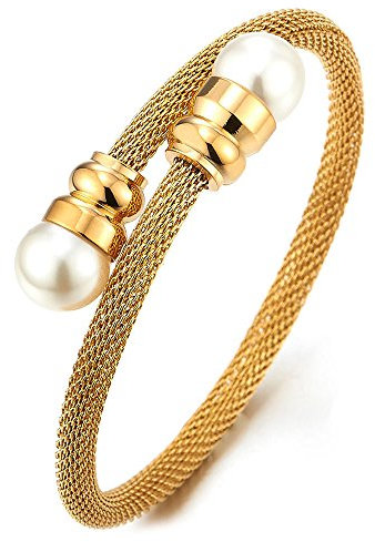 COOLSTEELANDBEYOND Elastische Verstellbare Edelstahl Goldfarben Stahlkabel Manschetten Armband Armreif für Damen mit Synthetische Perle