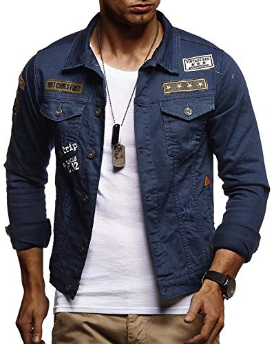 Leif Nelson Jeansjacka för män, basic stretch, jeansjacka med ståkrage, övergångsjacka, huvtröja, sweatjacka, fritidsjacka, sommarjacka, huvtröja, tröja, slim fit, LN9500, Blå Ln9565, S