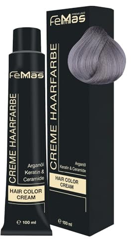 FemMas teinture pour cheveux Gris métallisé I Crème colorante professionnelle à l'huile d'argan, kératine et céramides I Coloration permanente ou teinture pour des résultats durables I 100 ml