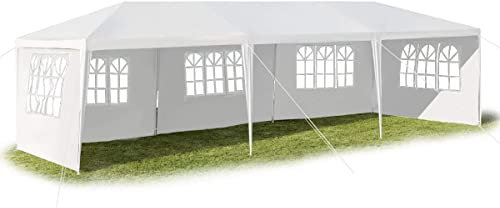 GOPLUS 3 x 9 m Partyzelt, Pavillon Zelt mit Fenstern, Festzelt mit Metall - Konstruktion, Faltpavillon aus PE- Plane, mit Abnehmbare Seitenwänden, für Feste Party Hochzeit, Weiß