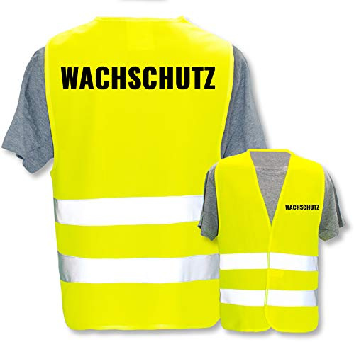 Hochwertige Warnweste mit Leuchtstreifen * Bedruckt mit: Wachschutz * Farbe + Größe: Gelb (3XL/4XL) * Thema Sicherheit und Team * Farbiger oder Reflektierender Druck