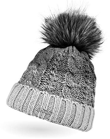 Neverless® Damen Strick-Mütze gefüttert Fleece-Innenfutter Fell-Bommel Kunstfell Winter-Mütze Bommelmütze Zopfmuster Mehrfarbig Umschlag hellgrau-dunkelgrau