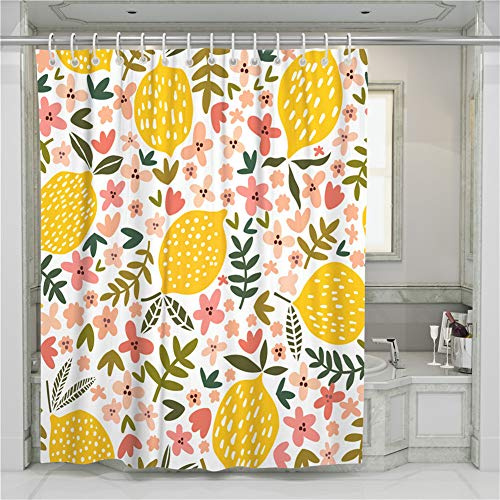 Chickwin Chickw1 Duschvorhang Wasserdicht, Anti-Schimmel Badvorhänge aus Polyester Waschbar mit 12 Duschvorhangringe Dusche in Badezimmer Vorhänge- 3D Saure Zitrone Drucken (Pinke Blumen,165x180cm)