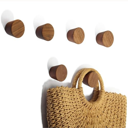 Shappy 6 Pack Wooden Wall Hooks, Rustic Black Walnut Hangers for Coats, Hats and Bags, Easy Install Wall Mounted Wooden Pegs for Entryway, Living Room, Bedroom and Bathroom