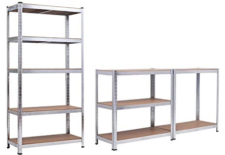 AMOS 5 Tier Heavy Duty Silver Shelving Rack, Adjustable Height Galvanised Steel Storage Shelf for Garage, Warehouse, Office| Storage Unit