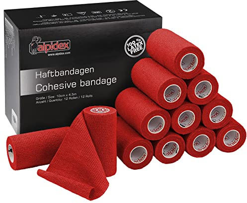 ALPIDEX 12 Rouleaux Bande Cohésive 10 cm x 4,5 m Bandage Autoadhésif Plusieurs Couleurs Bande Auto Adhésif Strap Doigt Cheville Genou Médical Pansements Vet Wrap Chien Cheval Chat, Couleur:rouge