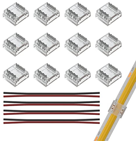 SEZO Conectores de cinta de kit LED conector de esquina LED FCOB 12 piezas 2 pines 10mm transparente inalámbrico sin costura Board to Wire Connectors + 4 hilos de extensión 20AWG de 15cm de