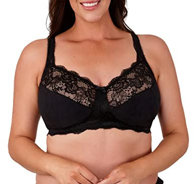 Women's Total Support Non Wired Lace Full Cup Non Padded Soft Cup Bra (Black, 42DD)