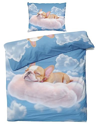ZDABAOEC Cute Hund Französische Bulldogge Bettwäsche 135x200 Kinder Jungen Mädchen, Weiche Microfaser Kinderbettwäsche 4teilig - 2 Bettbezug + 2 Kissenbezug 80x80, mit Reißverschluss, Wende Motiv
