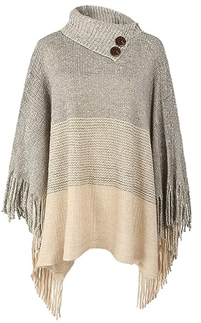 JFAN Poncho Donna Invernale Mantella Donna Poncio Invernali Caldo Elegante con Frange a Collo Alto con Maniche Bottoni,Beige,Taglia Unica