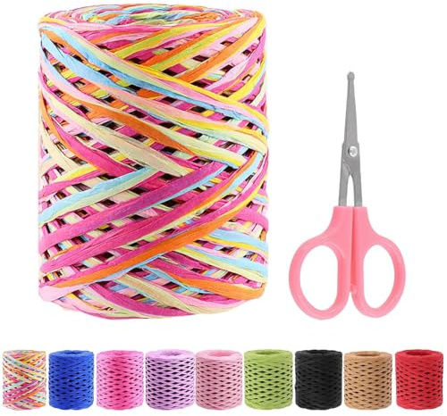 Swpeet 1 rollo de 200 metros de cinta de papel de rafia de color azul claro y verde natural con tijeras, kit de surtido, hilo de rafia natural, papel kraft para embalaje de manualidades, cordel para