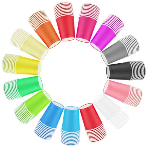 RAINPOP 150Pcs Paper Cups - 9 Ounce Coffee Cups Disposable Multicolor Party Cup for Hot & Cold Drinks Biodegradable and Compostable 15 Colors Paper Cups for DIY Holiday Wedding Birthdays Activities