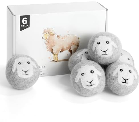 Wool Dryer Balls 6 Pack, Natural Fabric Softener, Dryer Balls Laundry Reusable, Reduces Clothing Wrinkles and Saves Drying Time (Gray)