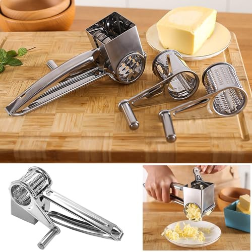 3 in 1 Stainless Steel Rotary Cheese Grater, Cheese Grater Hand Crank, Cheese Shredder with 3 Interchangeable Blades, Easy to Clean Grater for Fruit, Vegetables, Nuts