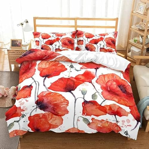 LKKBAD Klatschmohn Bettwäsche 220x240 Mit Reißverschluss Zimmer Deko 3-Teiliges Set 110g/㎡ Microfiber Bettwäsche-Sets Hochzeitsgeschenk Bettbezug 220x240 Und 2 Kissenbezüge 80x80