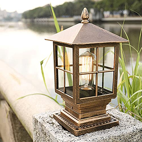Mengjay Außenleuchte, Stehleuchte in antikem Look, Aluguß in Schwarz mit Klarglas-Scheiben,Rustikaler Retro-Stil Wegeleuchte ，Wasserdicht IP55, Retro/Vintage Gartenbeleuchtung, E27 (Gold, Stil.A)