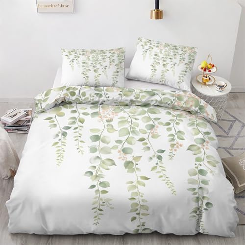 NOGAWA Bettwäsche 135x200 Eukalyptus - Grüne Blätter Bettbezug 135x200 2er Set, Weich & Bügelfrei Mikrofaser Bettwäsche-Sets, Wendebettwäsche mit Reißverschluss und 1 Kissenbezug 80x80