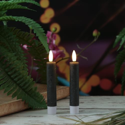 MARELIDA LED Stabkerzen in Rustik Optik Echtwachskerzen Dinnerkerzen Tafelkerzen Spitzkerzen mit leicht flackernder Flamme und Timer Wachskerze für Innen in grau (2 Stabkerzen H: 14cm)