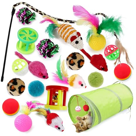 AMSAMOTION 21 Stücke Katzenspielzeug Set Katzentunnel Interaktives Katzen Spielzeug für Kätzchen Federspielzeug Katzenbälle Spielzeugmäuse für Katzen